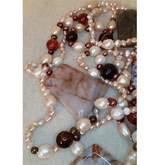 Long Freshwater Pearl Necklace With Chunky Stone/gemstones Beads Unique - Picture 5 of 6